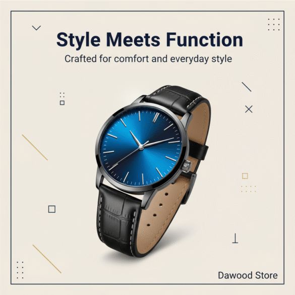 Men's Black & Blue Dial Watch with Leather Strap