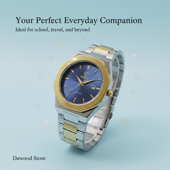 Men's Elegant Two-Tone Quartz Watch with Blue Dial
